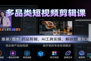 多品类短视频剪辑课：服装/酒水/药品剪辑，AI工具实操，解锁创意玩法